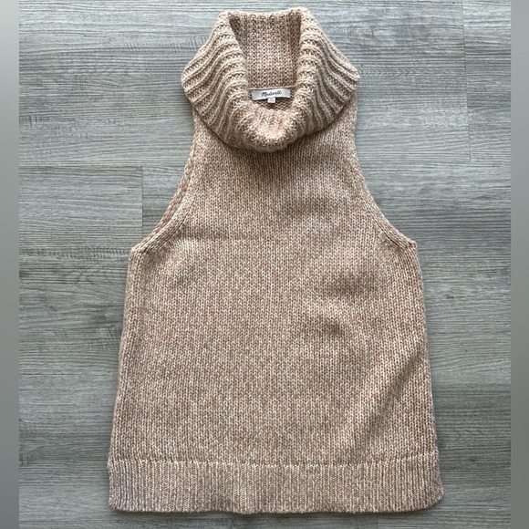 Madewell Sz XS Tan Cowl Neck Sweater Vest Cutaway Merino Wool bled fits like M - Picture 1 of 7